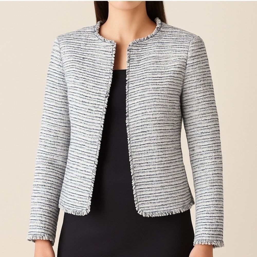 Calvin Klein Tweed Fringe Collarless Blazer Jacket Boucle Career M